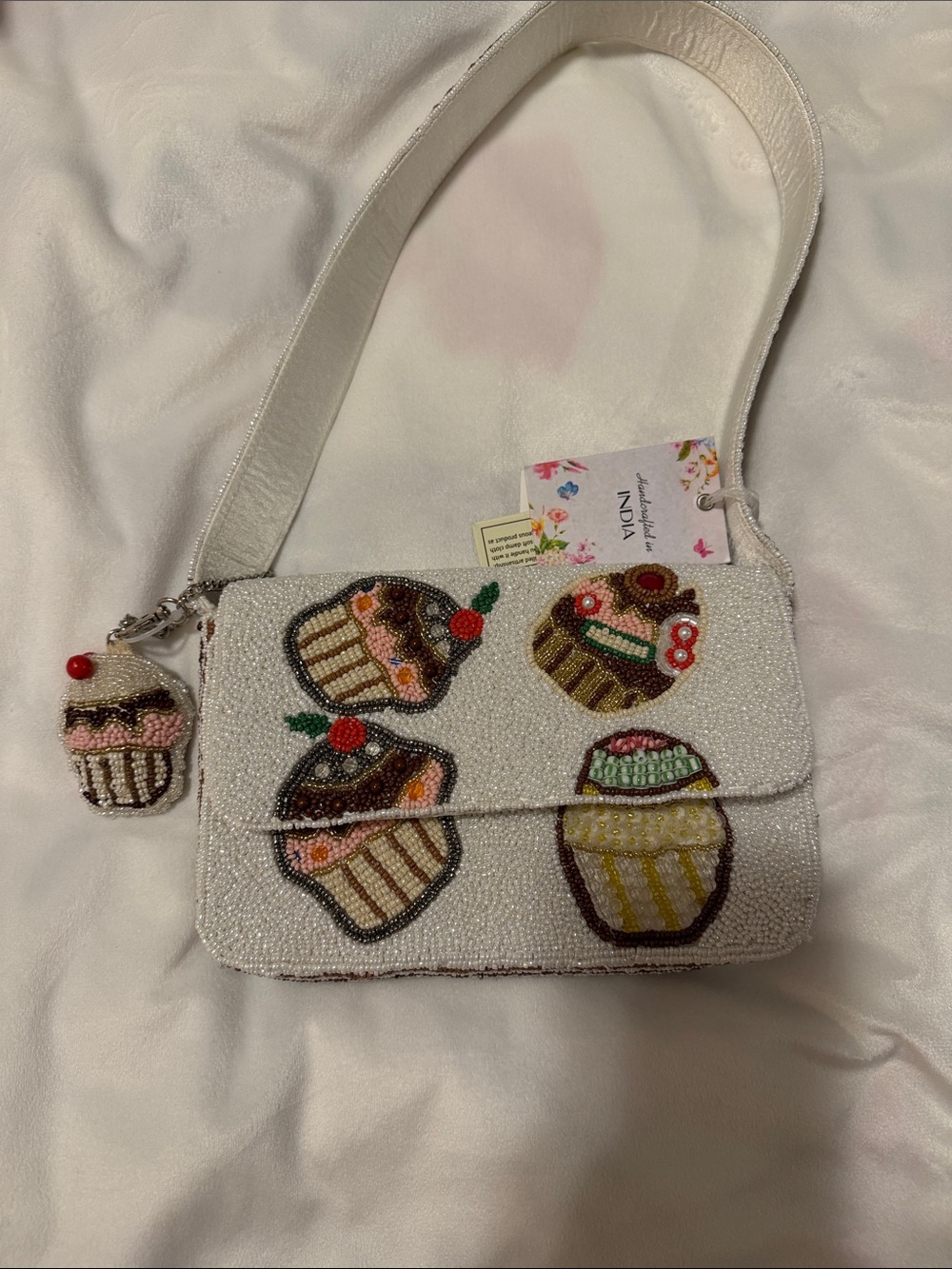 Handcrafted in India White Beaded Cupcake Beaded Bag with Charm